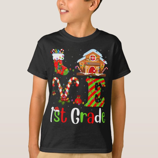 Funny Xmas Lighting Love 1st Grade Teacher Christm T-Shirt (Front)