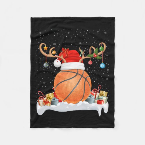 Funny Xmas Lighting Reindeer Santa Hat Basketball  Fleece Blanket