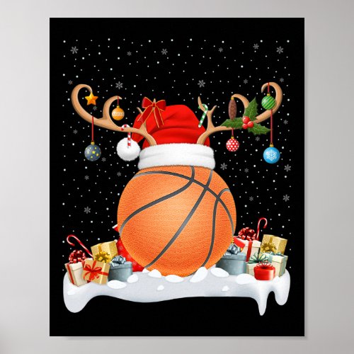 Funny Xmas Lighting Reindeer Santa Hat Basketball  Poster