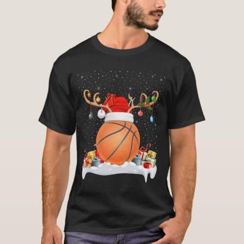 Funny Xmas Lighting Reindeer Santa Hat Basketball  T_Shirt