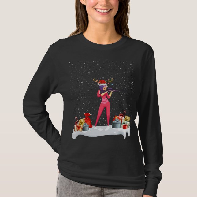 Funny Xmas Lighting Reindeer Santa Hat Biathlon Ch T-Shirt (Front)