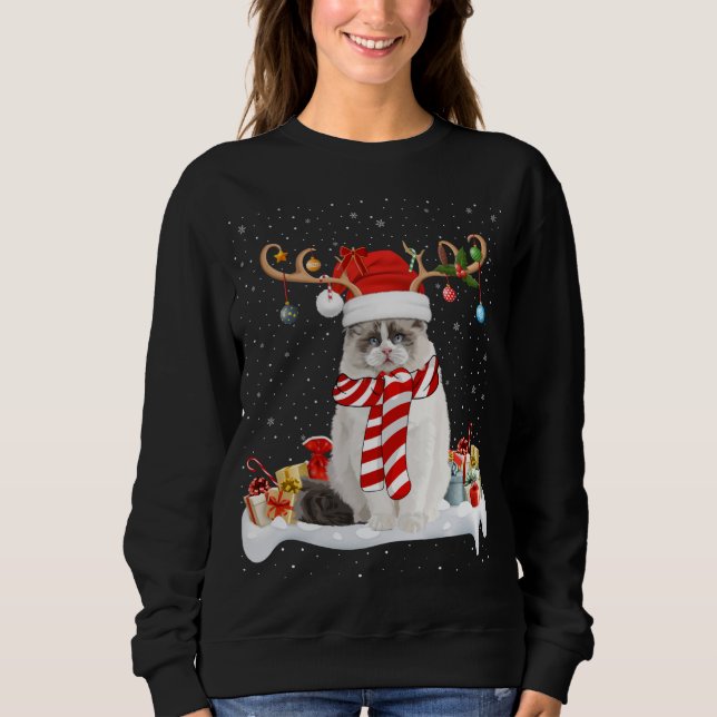 Funny Xmas Lighting Reindeer Santa Hat Ragdoll Cat Sweatshirt (Front)
