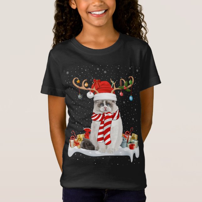 Funny Xmas Lighting Reindeer Santa Hat Ragdoll Cat T-Shirt (Front)