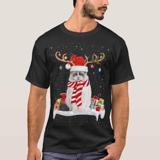 Funny Xmas Lighting Reindeer Santa Hat Ragdoll Cat T-Shirt (Front)