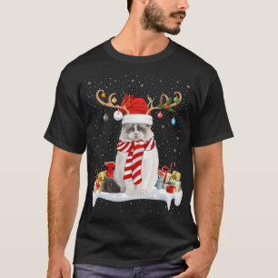 Funny Xmas Lighting Reindeer Santa Hat Ragdoll Cat T-Shirt
