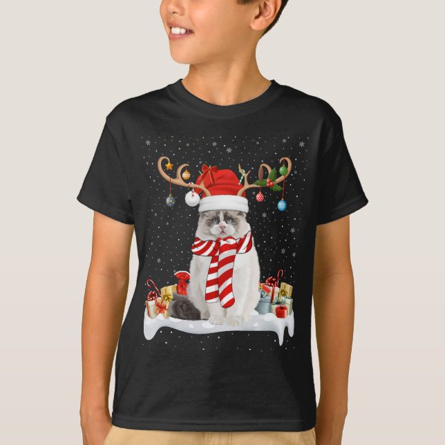 Funny Xmas Lighting Reindeer Santa Hat Ragdoll Cat T-Shirt (Front)