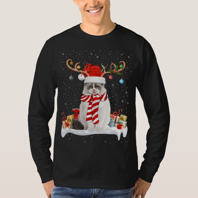 Funny Xmas Lighting Reindeer Santa Hat Ragdoll Cat T-Shirt (Front)
