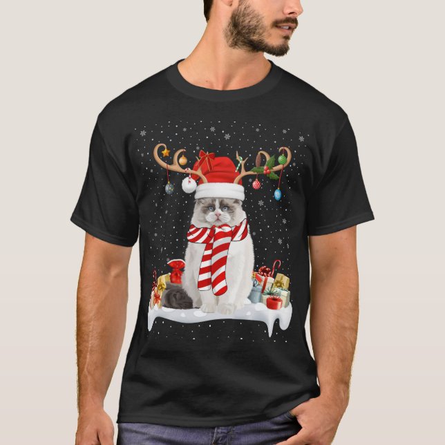 Funny Xmas Lighting Reindeer Santa Hat Ragdoll Cat T-Shirt (Front)