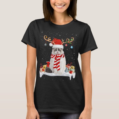 Funny Xmas Lighting Reindeer Santa Hat Ragdoll Cat T_Shirt
