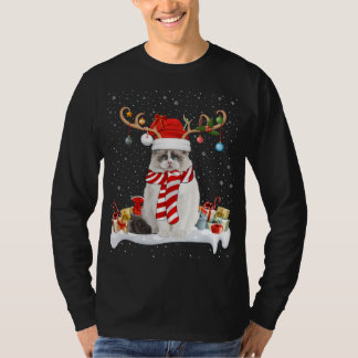 Funny Xmas Lighting Reindeer Santa Hat Ragdoll Cat T-Shirt