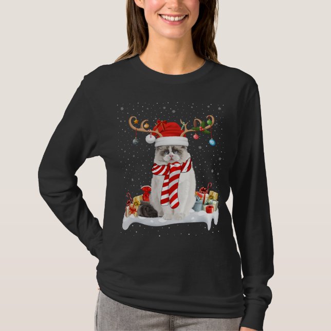 Funny Xmas Lighting Reindeer Santa Hat Ragdoll Cat T-Shirt (Front)