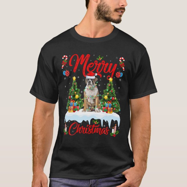 Funny Xmas Lighting Santa Hat English Bulldog Chri T-Shirt (Front)