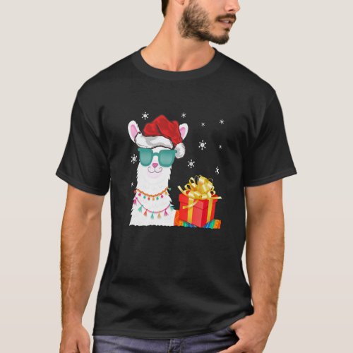 Funny Xmas Lighting Santa Hat Llama Face Christmas T_Shirt