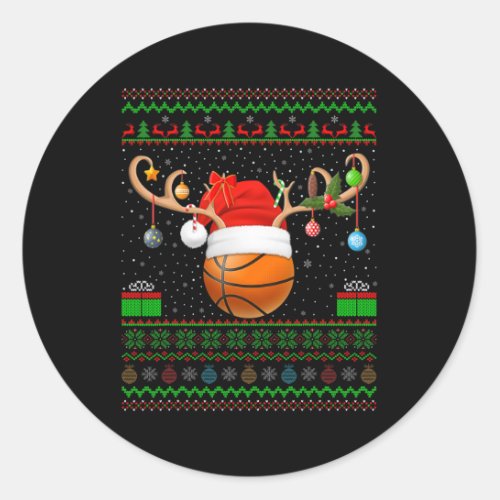 Funny Xmas Lighting Santa Hat Ugly Basketball Ball Classic Round Sticker