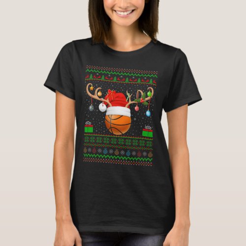 Funny Xmas Lighting Santa Hat Ugly Basketball Ball T_Shirt