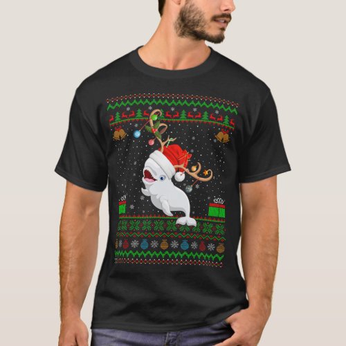 Funny Xmas Lighting Santa Hat Ugly Beluga Whale Ch T_Shirt