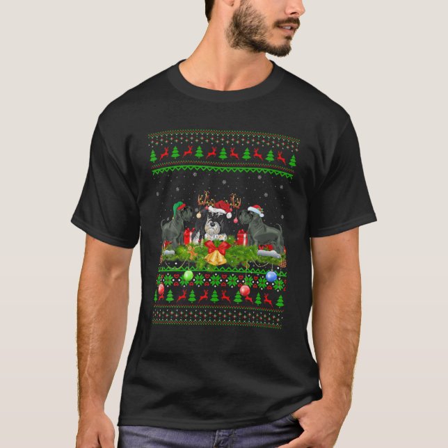 Funny Xmas Lighting Santa Ugly Giant Schnauzer Dog T-Shirt (Front)