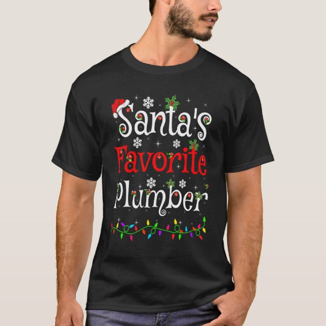Funny Xmas Lighting Santa's Favorite Plumber Chris T-Shirt (Front)