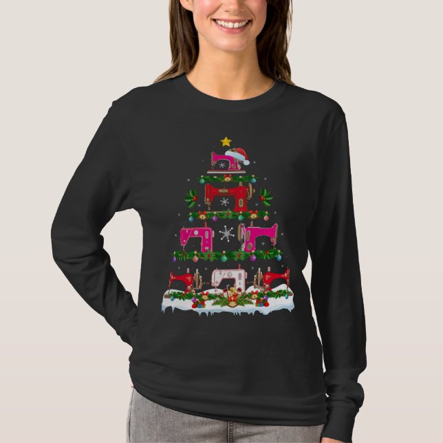 Funny Xmas Lighting Sewing Machine Christmas Tree T-Shirt (Front)