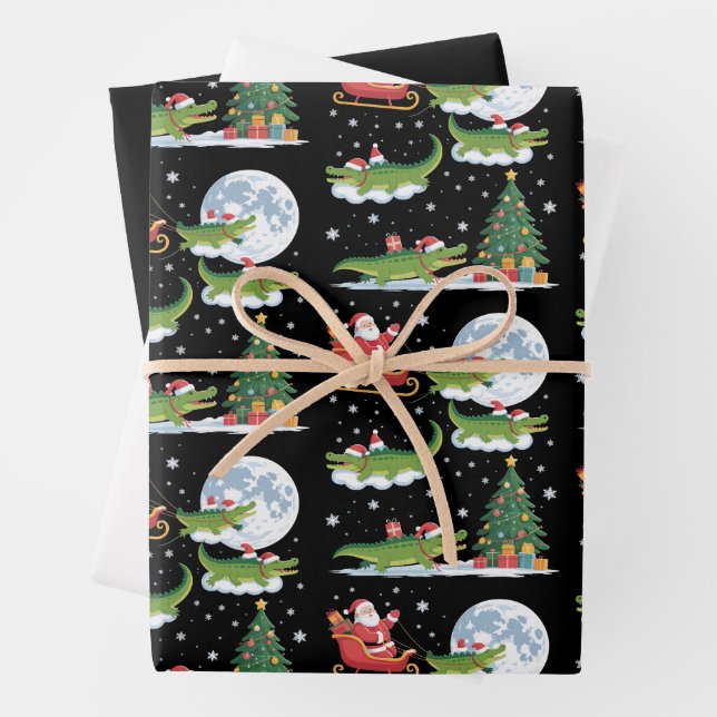 Funny Xmas Lighting Tree Santa Riding Alligator  Wrapping Paper Sheets (In situ)