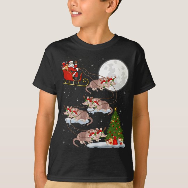 Funny Xmas Lighting Tree Santa Riding Armadillo Ch T-Shirt (Front)