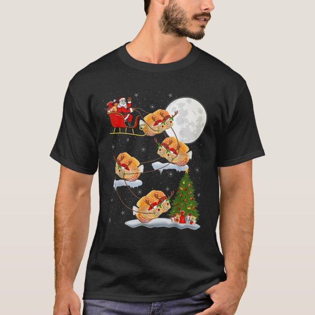 Funny Xmas Lighting Tree Santa Riding Discus Fish  T-Shirt (Front)
