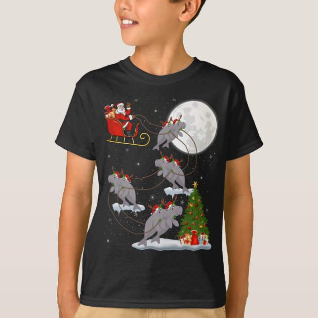 Funny Xmas Lighting Tree Santa Riding Manatee Chri T-Shirt (Front)