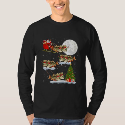 Funny Xmas Lighting Tree Santa Riding Perch Fish T_Shirt