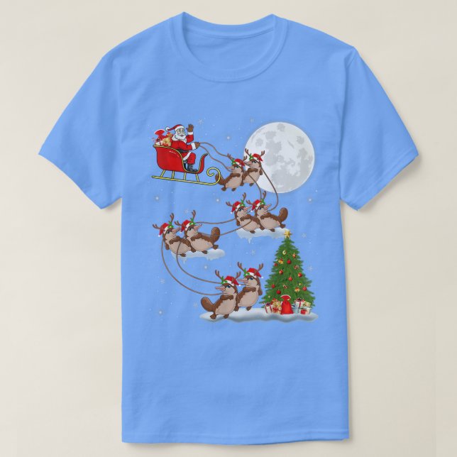 Funny Xmas Lighting Tree Santa Riding Platypus Chr T-Shirt (Design Front)