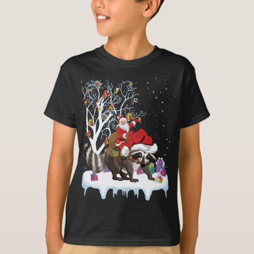 Funny Xmas Lighting Tree Santa Riding Raccoon Chri T_Shirt