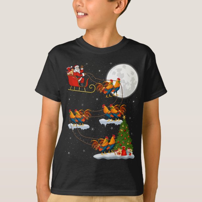 Funny Xmas Lighting Tree Santa Riding Rooster Bird T-Shirt (Front)