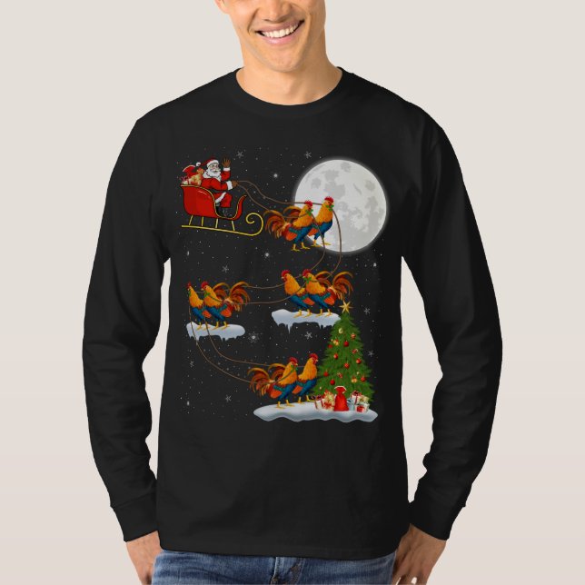 Funny Xmas Lighting Tree Santa Riding Rooster Bird T-Shirt (Front)