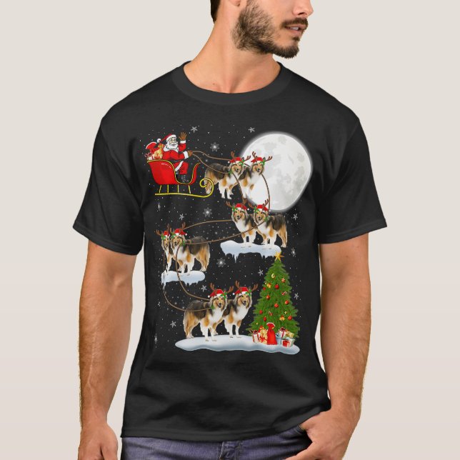 Funny Xmas Lighting Tree Santa Riding Sheltie Chri T-Shirt (Front)