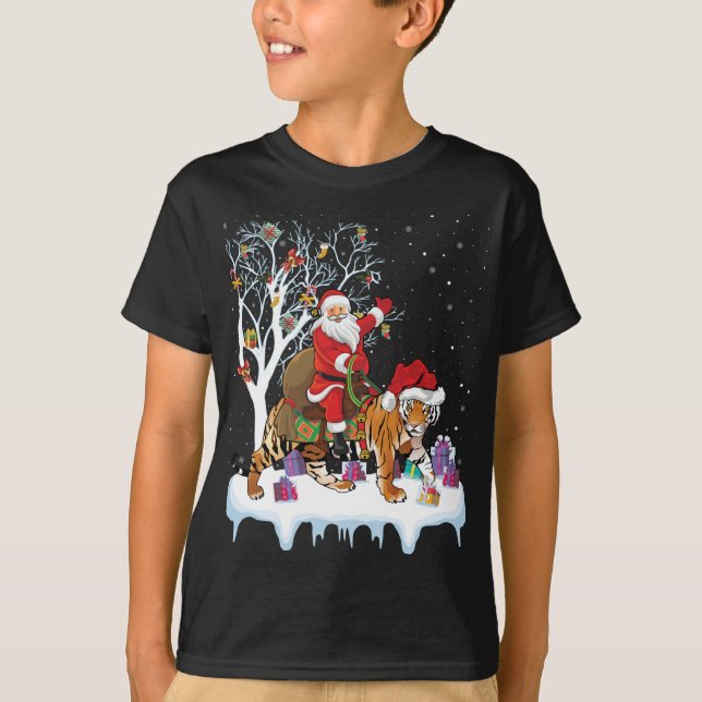 Funny Xmas Lighting Tree Santa Riding Tiger Christ T-Shirt (Front)