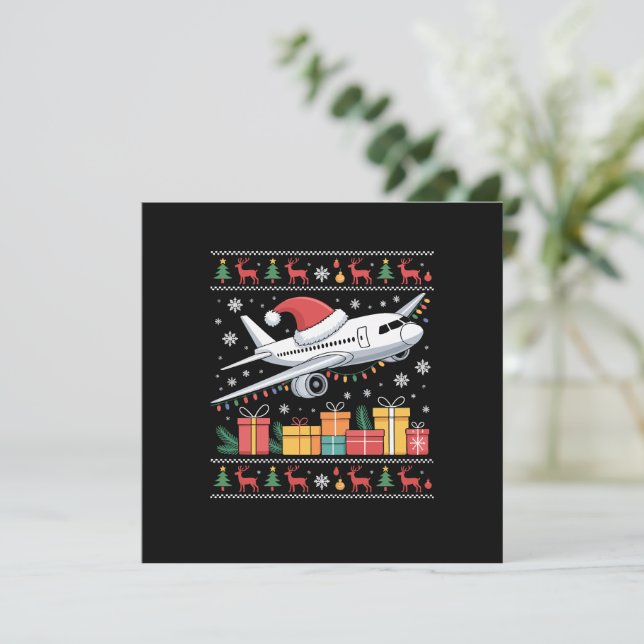 Funny Xmas Lighting Tree Santa Ugly Airplane  Card (Standing Front)