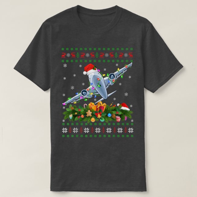 Funny Xmas Lighting Tree Santa Ugly Airplane Chris T-Shirt (Design Front)
