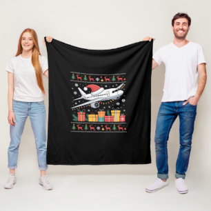Funny Xmas Lighting Tree Santa Ugly Airplane  Fleece Blanket