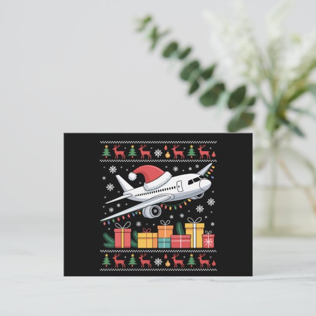 Funny Xmas Lighting Tree Santa Ugly Airplane  Holiday Postcard (Standing Front)