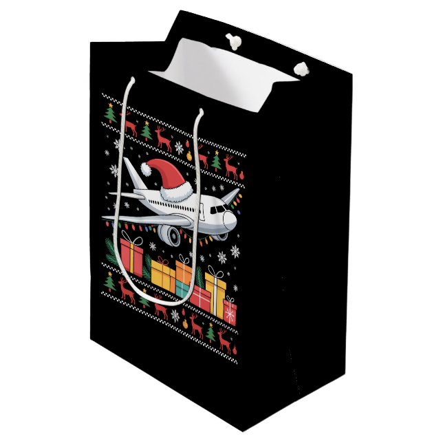 Funny Xmas Lighting Tree Santa Ugly Airplane  Medium Gift Bag (Front Angled)