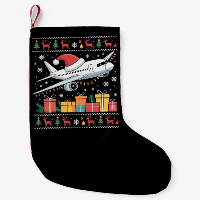 Funny Xmas Lighting Tree Santa Ugly Airplane  Small Christmas Stocking (Front)