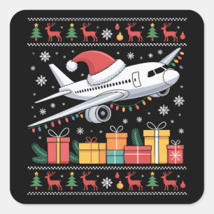 Funny Xmas Lighting Tree Santa Ugly Airplane Square Sticker