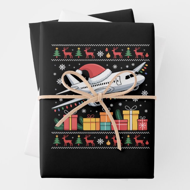 Funny Xmas Lighting Tree Santa Ugly Airplane  Wrapping Paper Sheets (In situ)