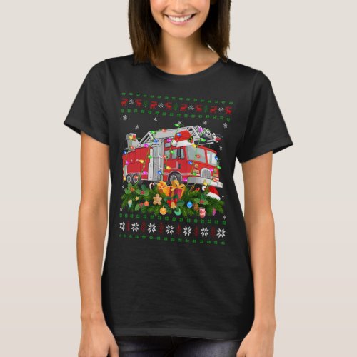 Funny Xmas Lighting Tree Santa Ugly Fire Truck Chr T_Shirt