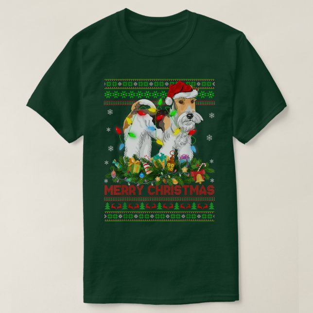 Funny Xmas Lighting Tree Santa Ugly Fo Terrier Chr T-Shirt (Design Front)