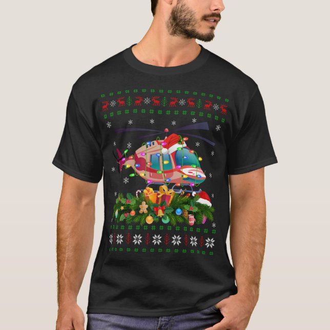 Funny Xmas Lighting Tree Santa Ugly Helicopter Chr T-Shirt (Front)