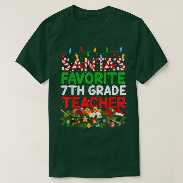 Funny Xmas Lights Santa 7th Grade Teacher Christma T-Shirt (Design Front)
