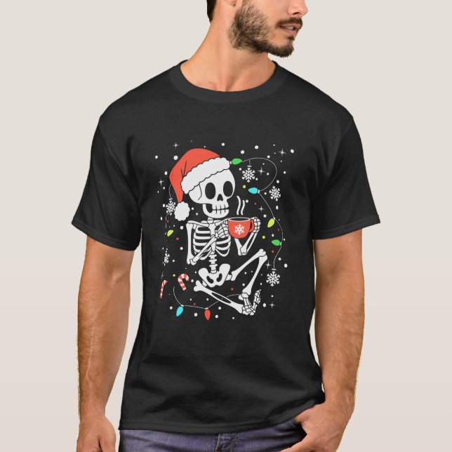 Funny Xmas Lights Skeleton Christmas Coffee T-Shirt (Front)