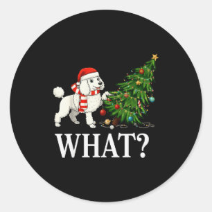 Funny Xmas Odle Pushing Christmas Tree Over Dog Wh Classic Round Sticker