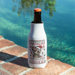 Funny Xmas Overstimulated & Festive Af Raccoon Bottle Cooler