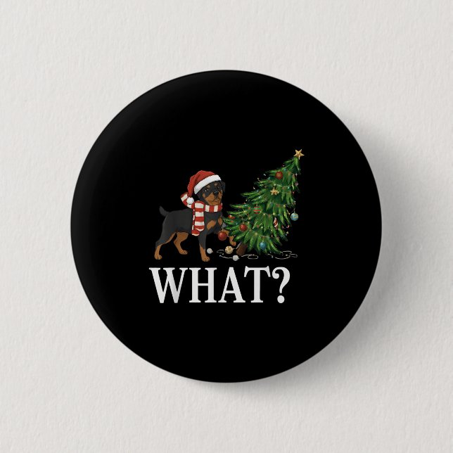 Funny Xmas Rottweiler Pushing Christmas Tree Over  Button (Front)